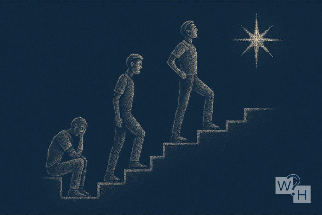 Man's journey from despair to hope, climbing stairs toward a guiding star.