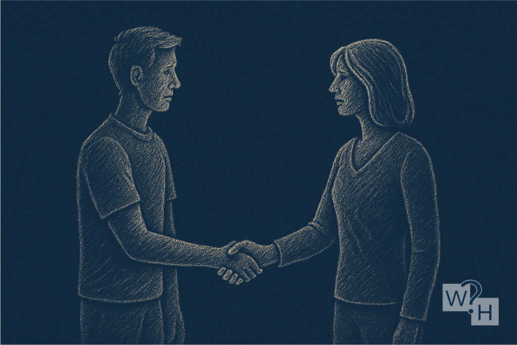 Two people shaking hands, illustrated in golden lines on dark blue background.