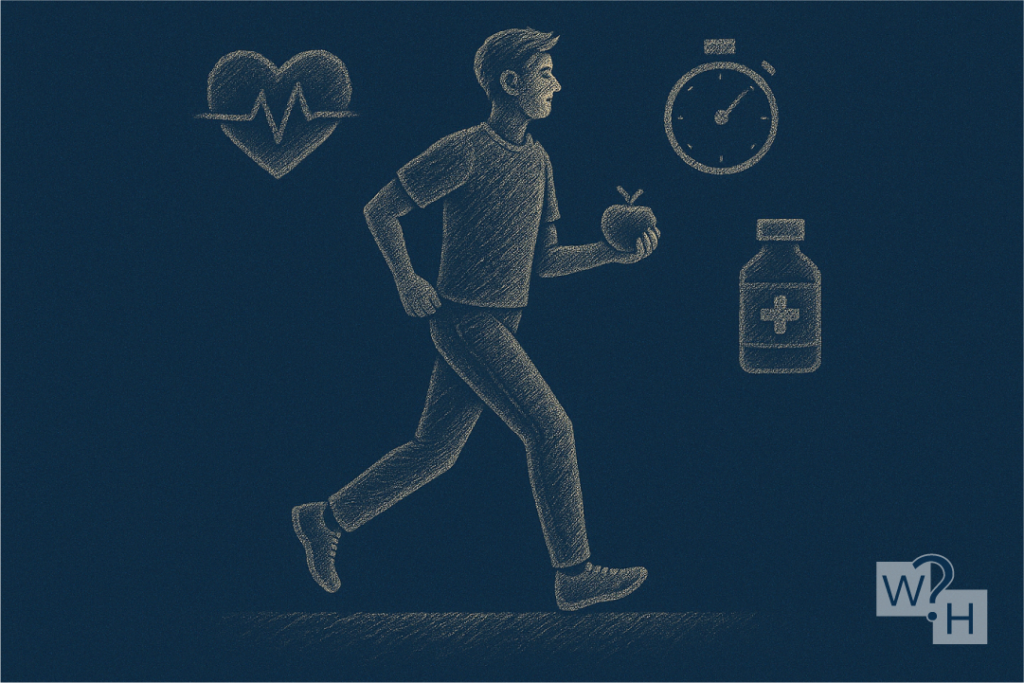 Person running with apple, surrounded by health symbols including heart, timer, and medicine.