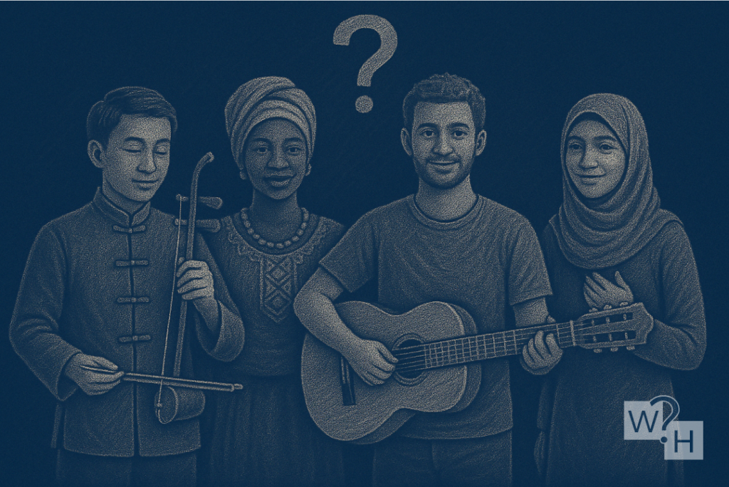 Diverse musicians from different cultures with traditional instruments and guitar, sharing musical heritage.