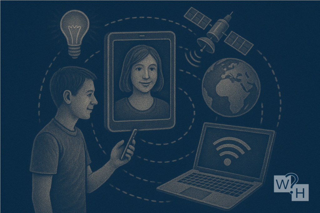 Person video calling on tablet with global connectivity symbols including satellite, laptop, and lightbulb.