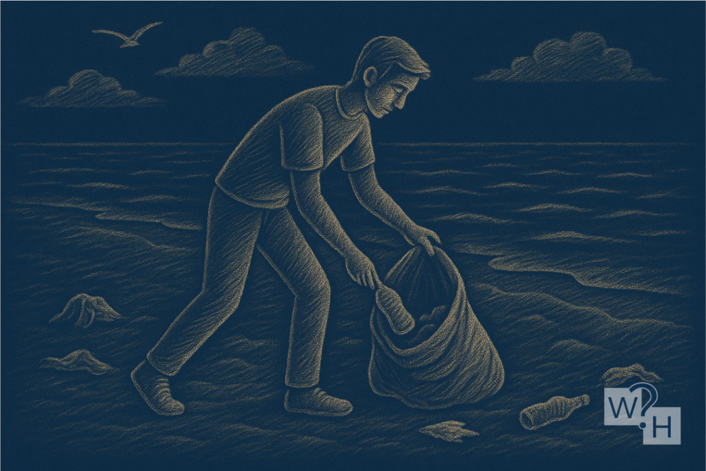 Person collecting beach trash, illustrating ocean cleanup efforts.