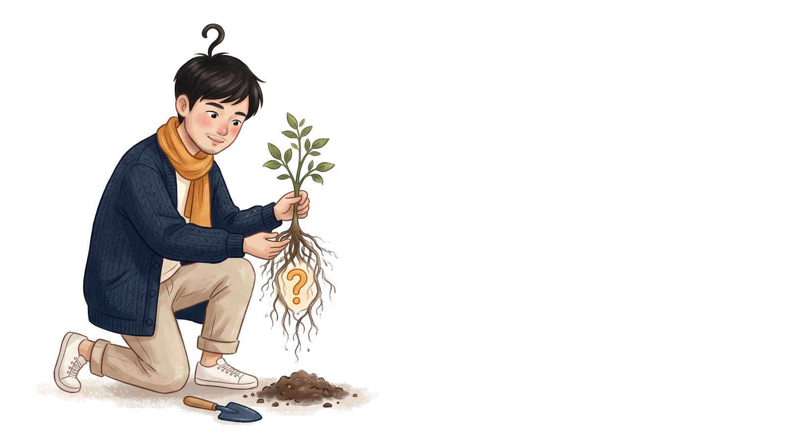 ตัวการ์ตูนคุกเข่า ดึงต้นไม้ขึ้นมาดูราก มีเครื่องหมายคำถามสีอำพันอยู่ในราก